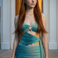 Turquoise Sheath Strapless Cutout Long Prom Dress