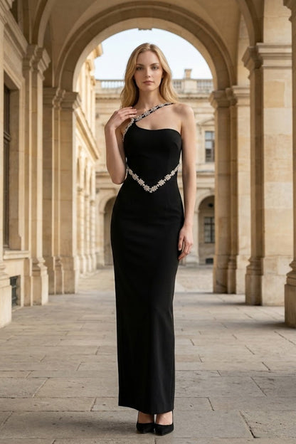 Black Bodycon Asymmetrical Neck Long Formal Dress with Rhinestone