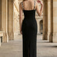 Black Bodycon Asymmetrical Neck Long Formal Dress with Rhinestone