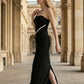 Black Bodycon Asymmetrical Neck Long Formal Dress with Rhinestone