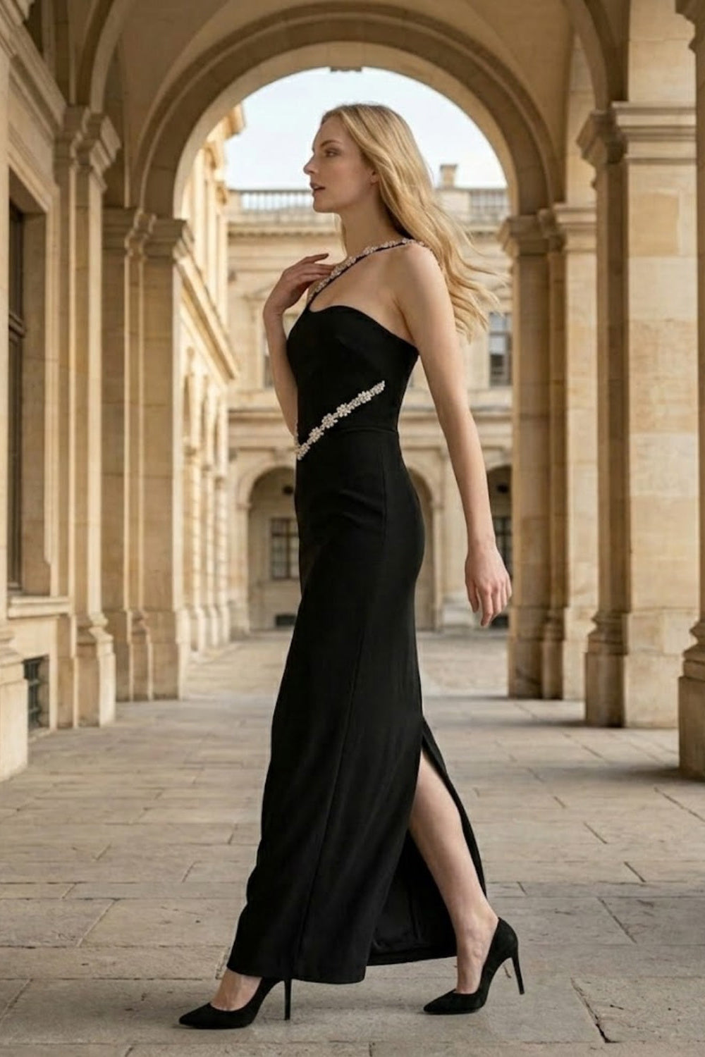 Black Bodycon Asymmetrical Neck Long Formal Dress with Rhinestone