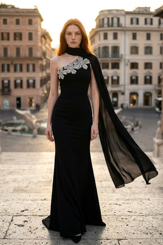 Black Sheath One Shoulder Long Formal Dress with Side Cape