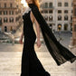 Black Sheath One Shoulder Long Formal Dress with Side Cape