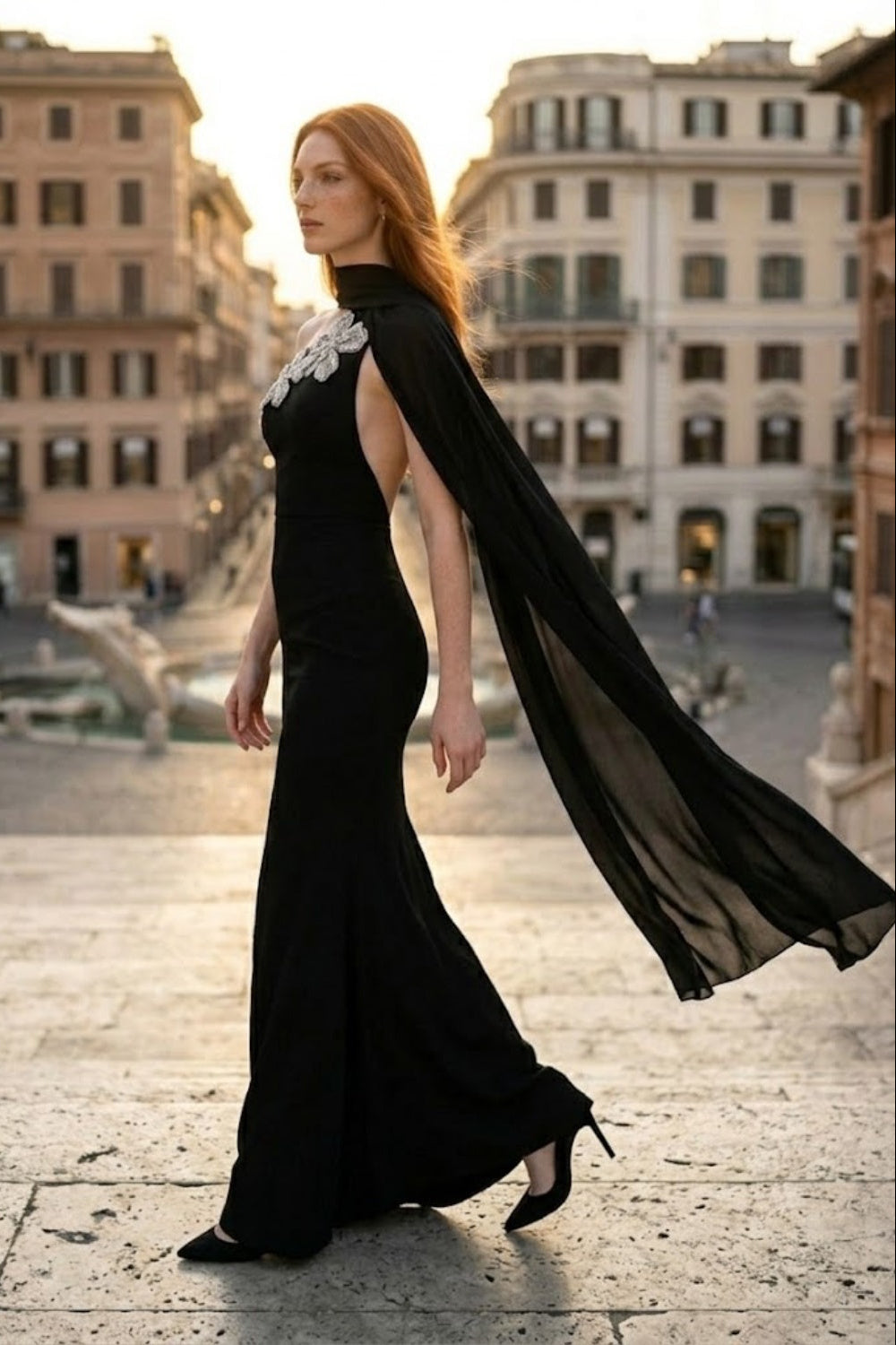 Black Sheath One Shoulder Long Formal Dress with Side Cape