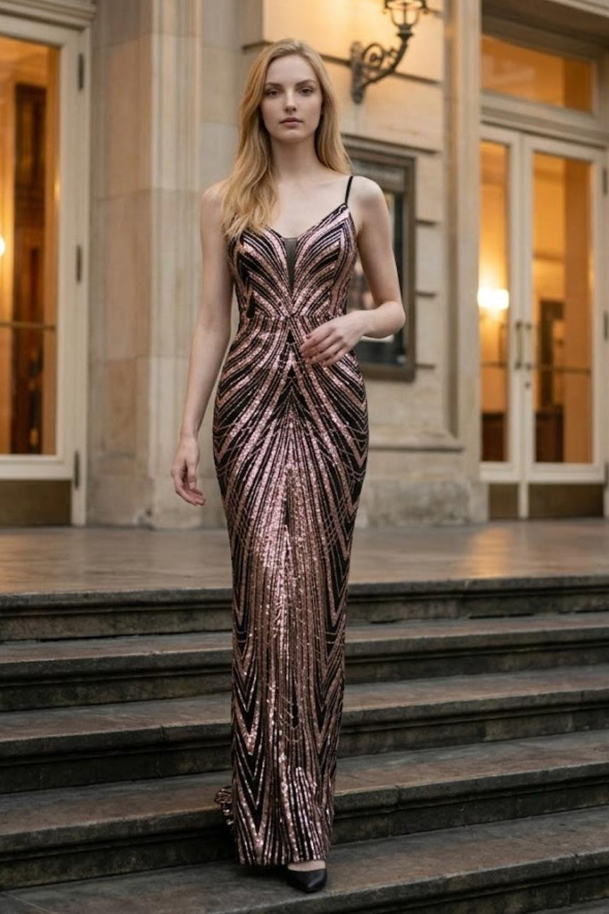 Sequin Rose Gold Spaghetti Straps Sheath Long Prom Dress