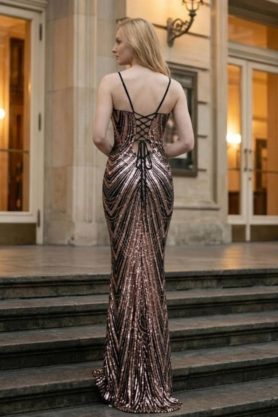 Sequin Rose Gold Spaghetti Straps Sheath Long Prom Dress