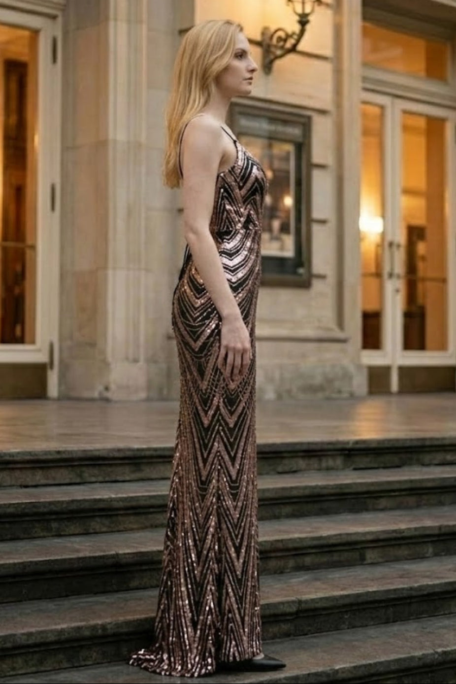 Sequin Rose Gold Spaghetti Straps Sheath Long Prom Dress