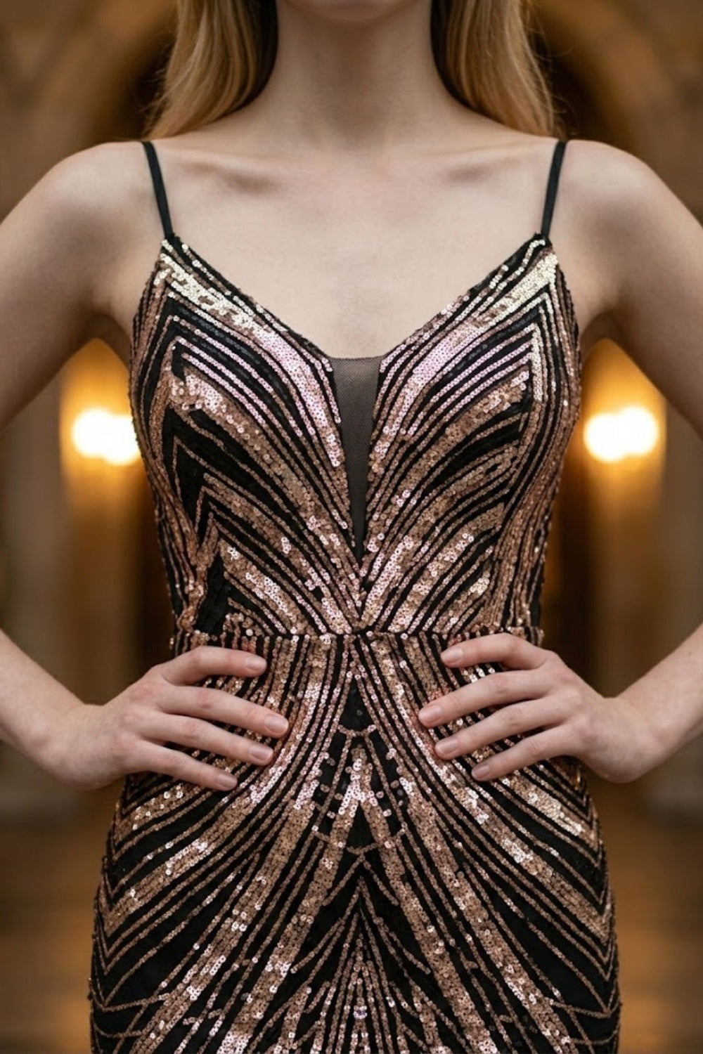 Sequin Rose Gold Spaghetti Straps Sheath Long Prom Dress