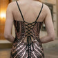 Sequin Rose Gold Spaghetti Straps Sheath Long Prom Dress