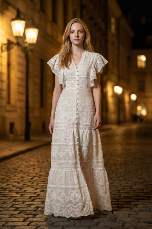 White A Line V Neck Long Prom Dress