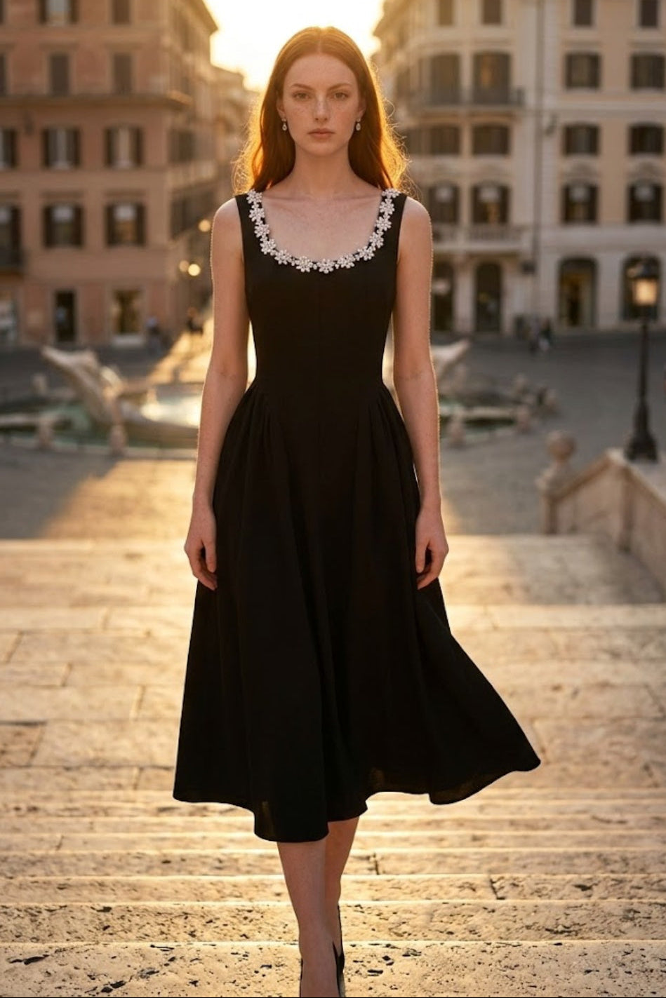 Black A Line Square Neck Midi Formal Dress with Rhinestone
