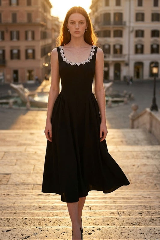 Black A Line Square Neck Midi Formal Dress with Rhinestone