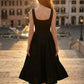 Black A Line Square Neck Midi Formal Dress with Rhinestone
