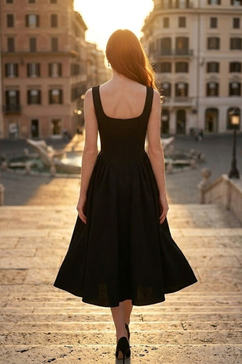Black A Line Square Neck Midi Formal Dress with Rhinestone