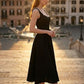 Black A Line Square Neck Midi Formal Dress with Rhinestone