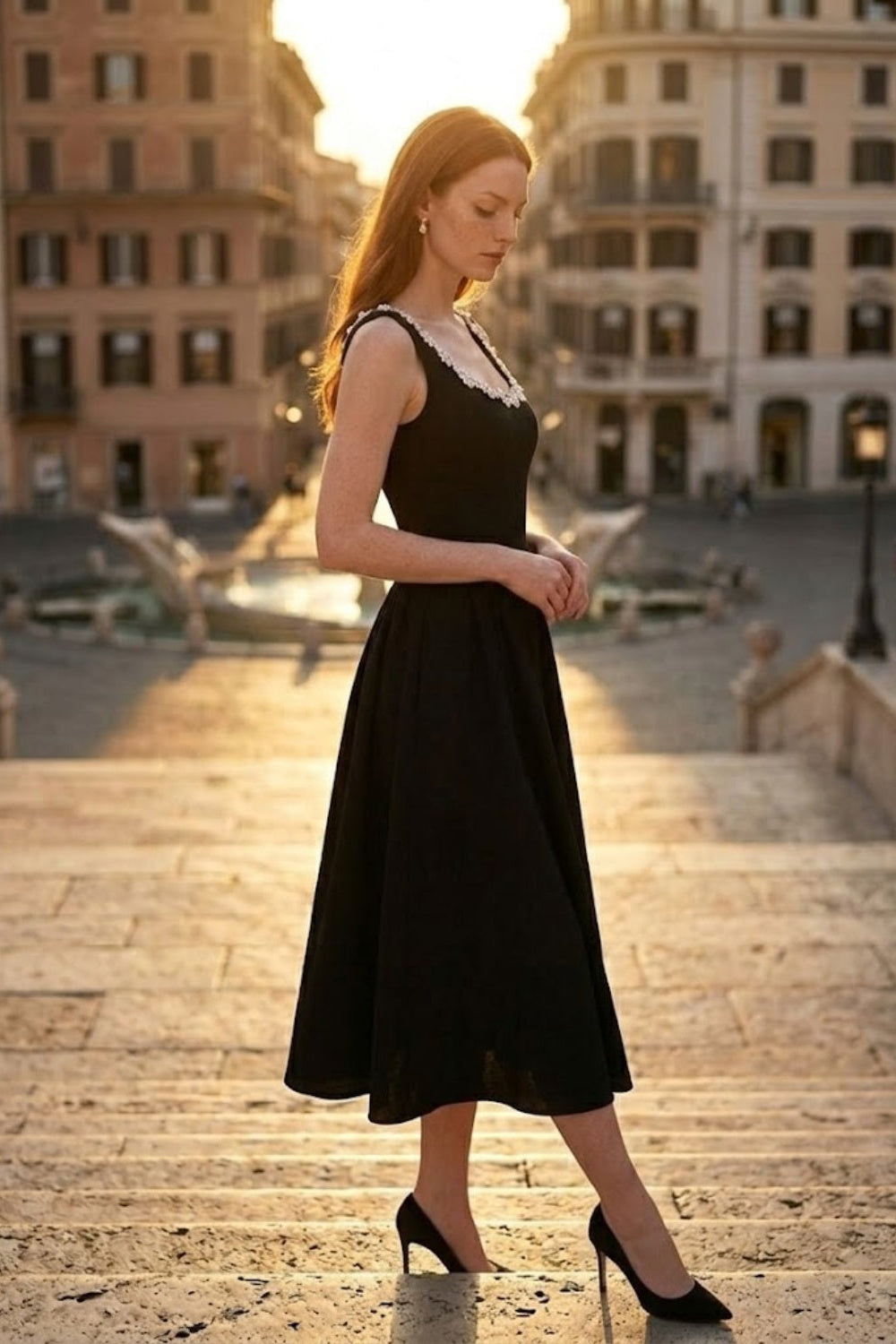 Black A Line Square Neck Midi Formal Dress with Rhinestone