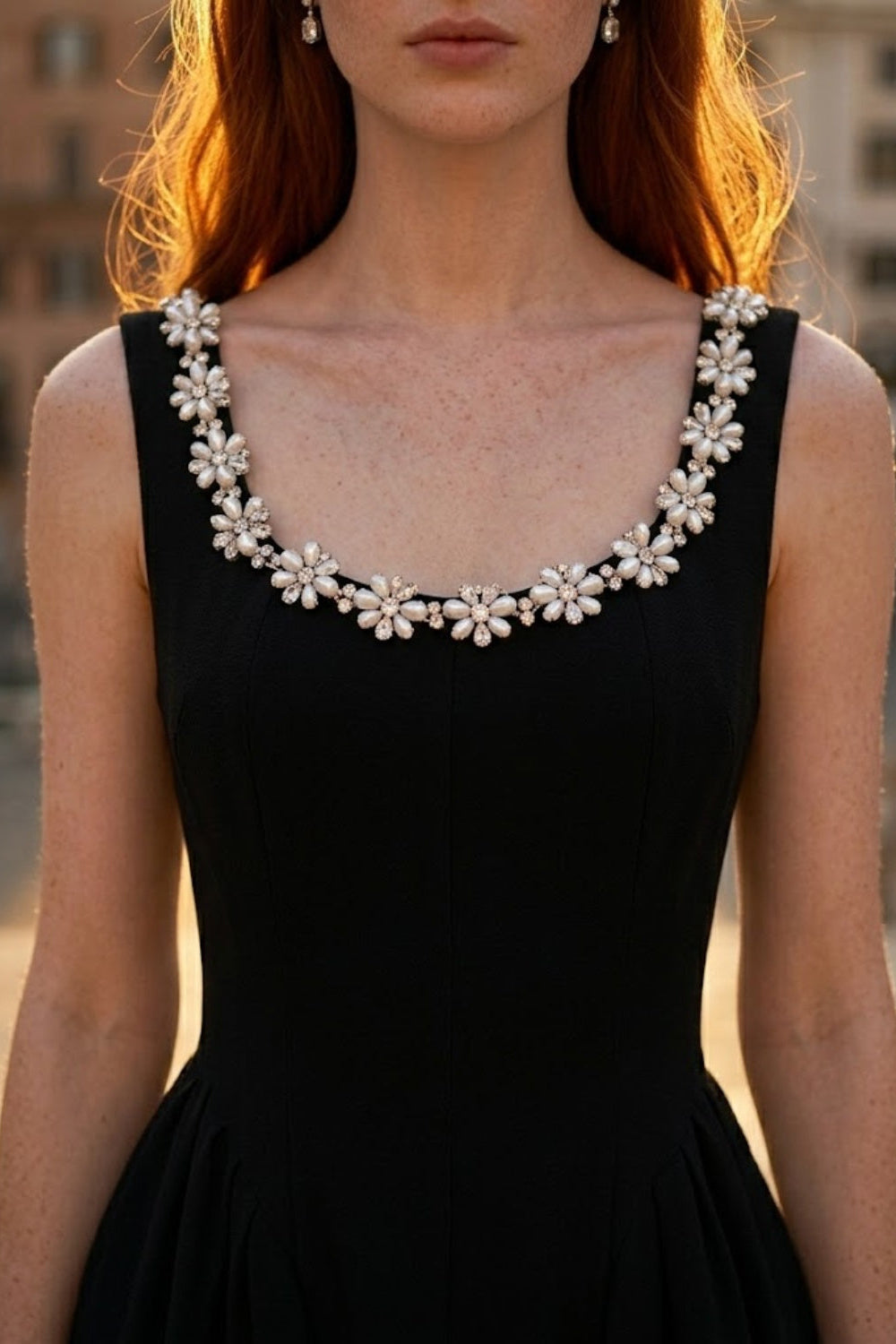 Black A Line Square Neck Midi Formal Dress with Rhinestone