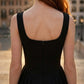 Black A Line Square Neck Midi Formal Dress with Rhinestone