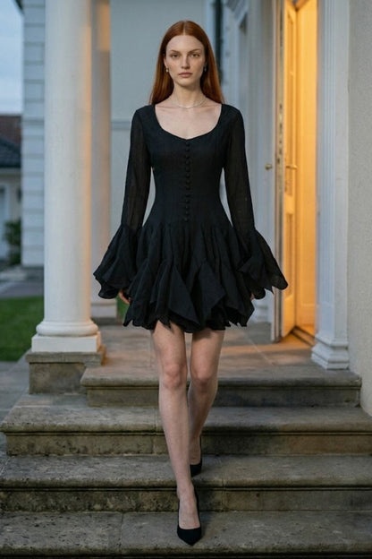 Black A Line Square Neck Mini Homecoming Dress with Ruffles
