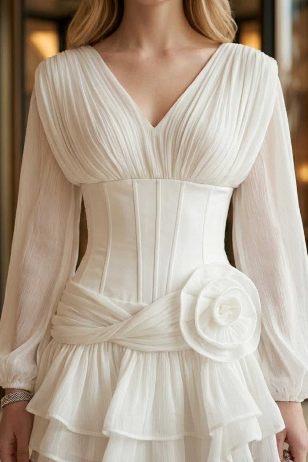 Corset White A Line V Neck Mini Homecoming Dress with 3D Flowers