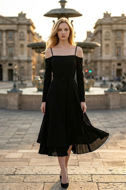 Simple Black A Line Spaghetti Straps Midi Formal Dress with Belt