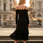 Simple Black A Line Spaghetti Straps Midi Formal Dress with Belt
