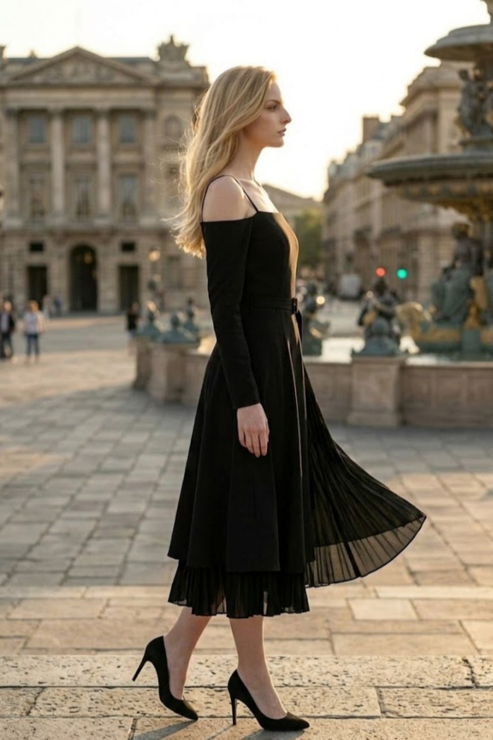 Simple Black A Line Spaghetti Straps Midi Formal Dress with Belt