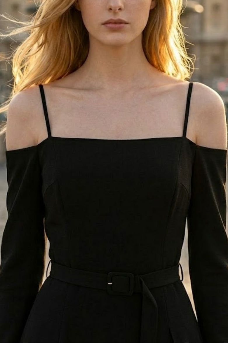 Simple Black A Line Spaghetti Straps Midi Formal Dress with Belt