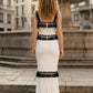 Black and White Bodycon Square Neck Long Formal Dress with Fringes