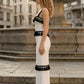 Black and White Bodycon Square Neck Long Formal Dress with Fringes