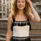 Black and White Bodycon Square Neck Long Formal Dress with Fringes
