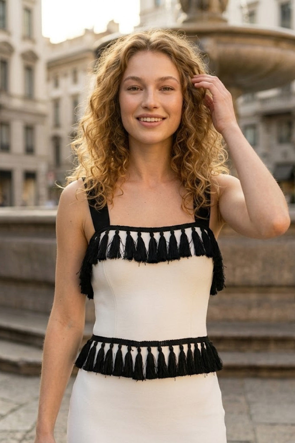 Black and White Bodycon Square Neck Long Formal Dress with Fringes