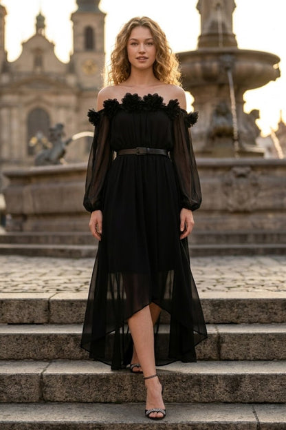 Black A Line Off the Shoulder High Low Formal Dress with Belt