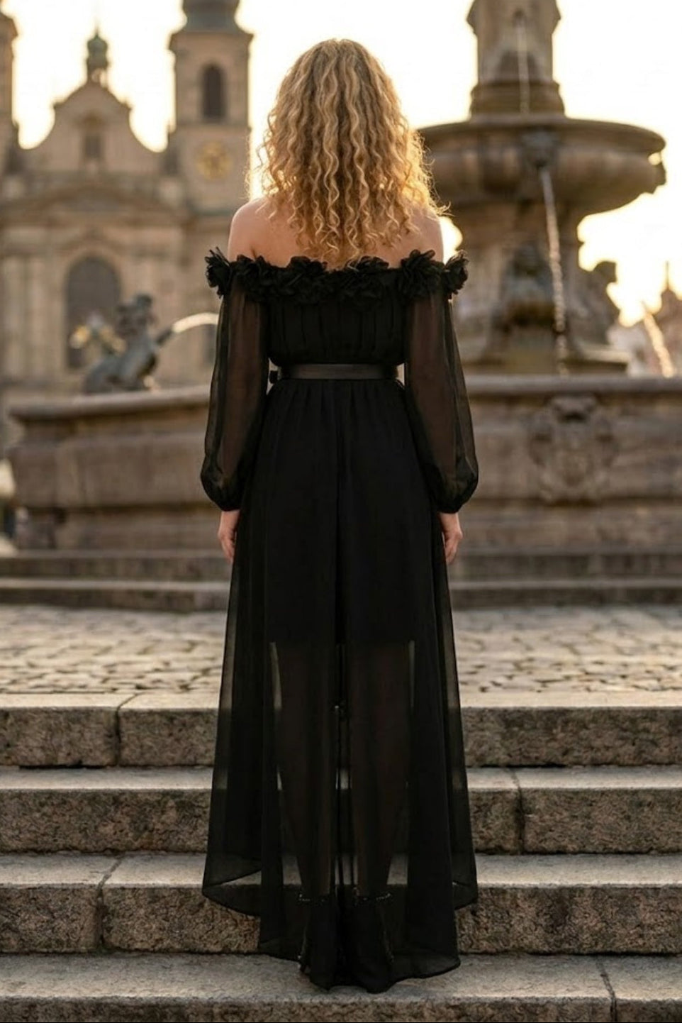 Black A Line Off the Shoulder High Low Formal Dress with Belt