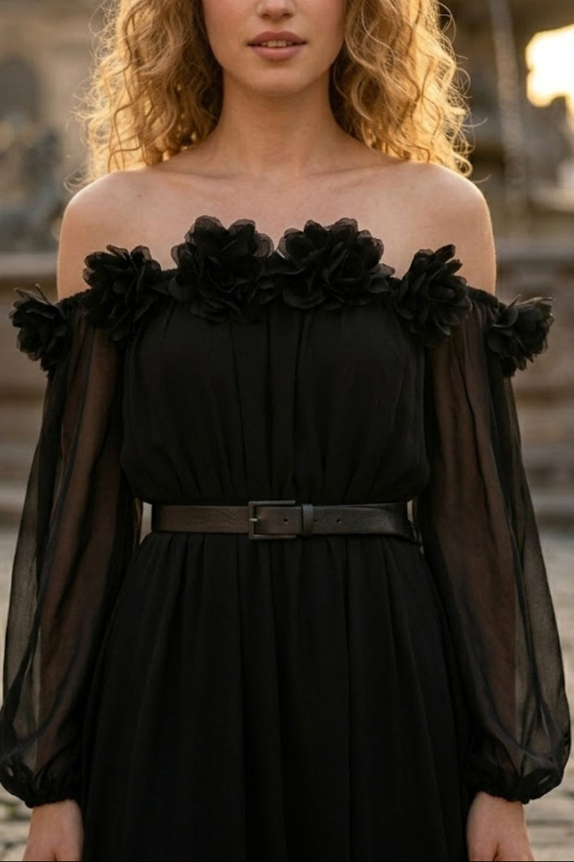 Black A Line Off the Shoulder High Low Formal Dress with Belt