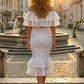 2 Piece White Bodycon Off the Shoulder Midi Prom Dress with Ruffles