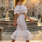 2 Piece White Bodycon Off the Shoulder Midi Prom Dress with Ruffles
