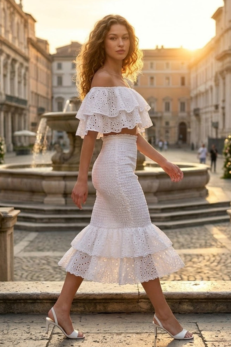 2 Piece White Bodycon Off the Shoulder Midi Prom Dress with Ruffles