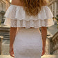 2 Piece White Bodycon Off the Shoulder Midi Prom Dress with Ruffles