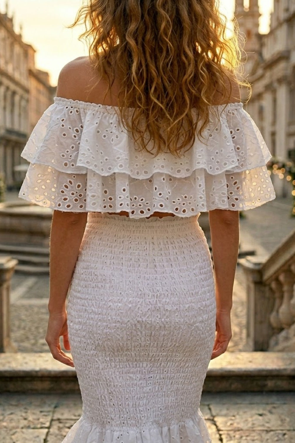 2 Piece White Bodycon Off the Shoulder Midi Prom Dress with Ruffles