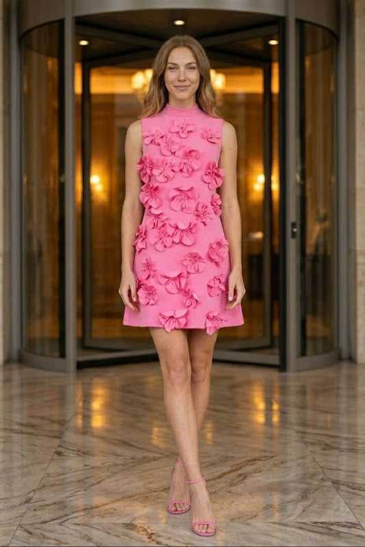 Hot Pink A Line High Neck Mini Homecoming Dress with 3D Flowers