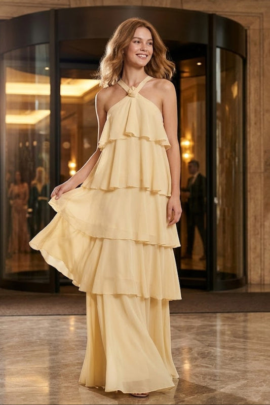 Yellow A Line Halter Long Prom Dress with Ruffles