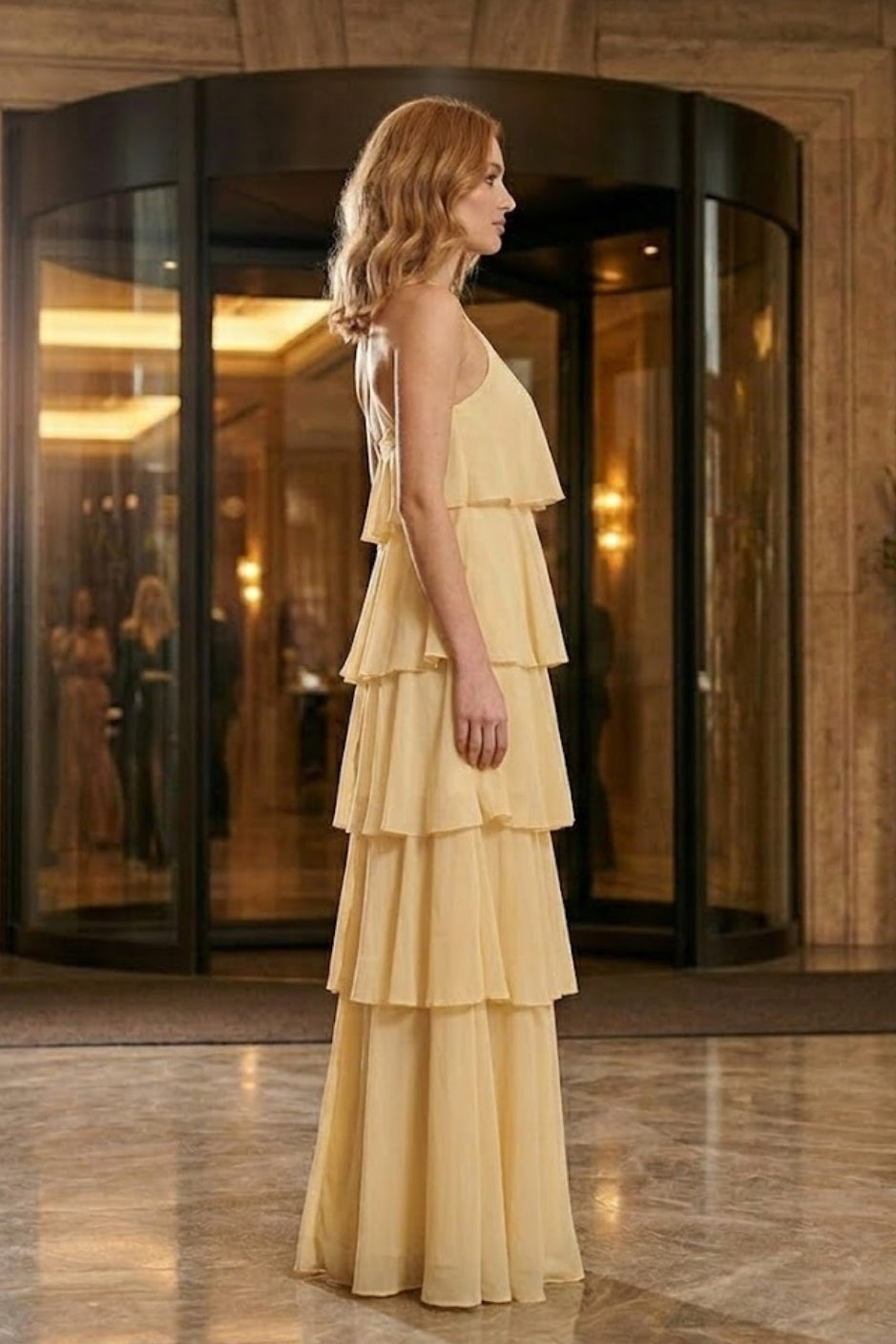 Yellow A Line Halter Long Prom Dress with Ruffles