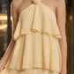 Yellow A Line Halter Long Prom Dress with Ruffles