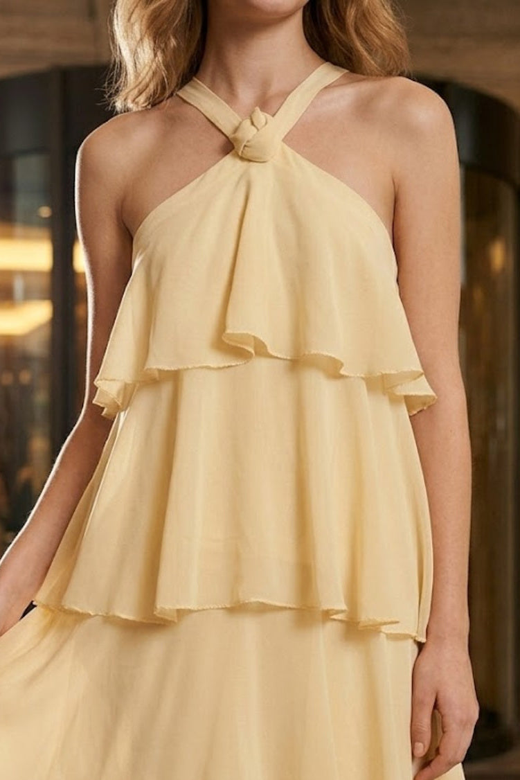 Yellow A Line Halter Long Prom Dress with Ruffles