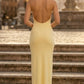 Yellow Sheath V-Neck Long Prom Dress with Ruffles