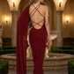Red Sheath Neck Scarf Long Formal Dress with Cape