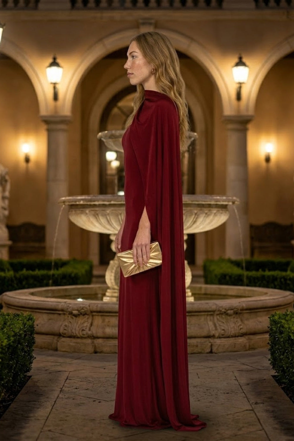 Red Sheath Neck Scarf Long Formal Dress with Cape