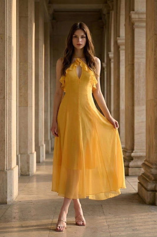 Yellow A Line Halter Cut Out Long Prom Dress with Ruffles