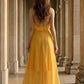Yellow A Line Halter Cut Out Long Prom Dress with Ruffles